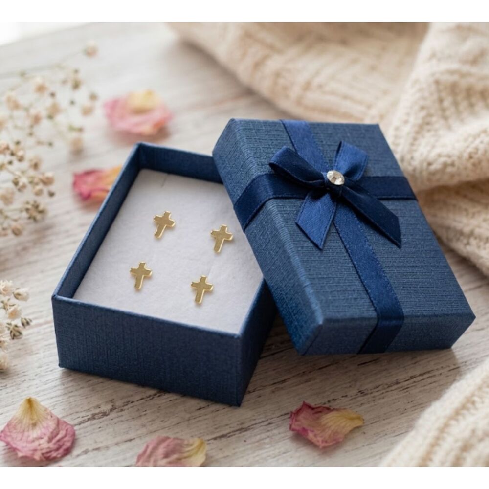 Set of 2 Pairs Gold Filled Mini Cross Stud Earrings Small Dainty Gift Box